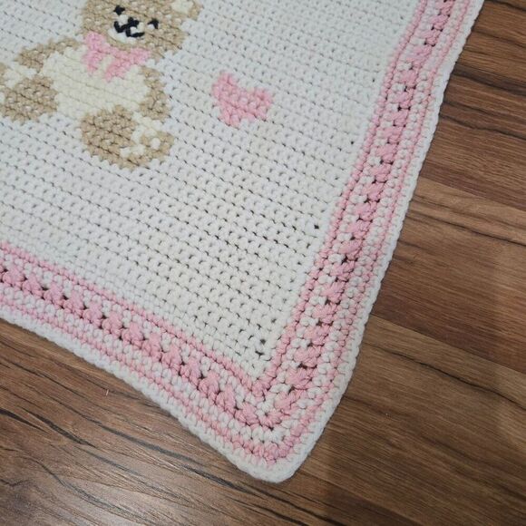 Vintage Handmade Crochet Baby Blanket Pink Trim Cute Teddy Bear Throw Crib - Picture 3 of 4